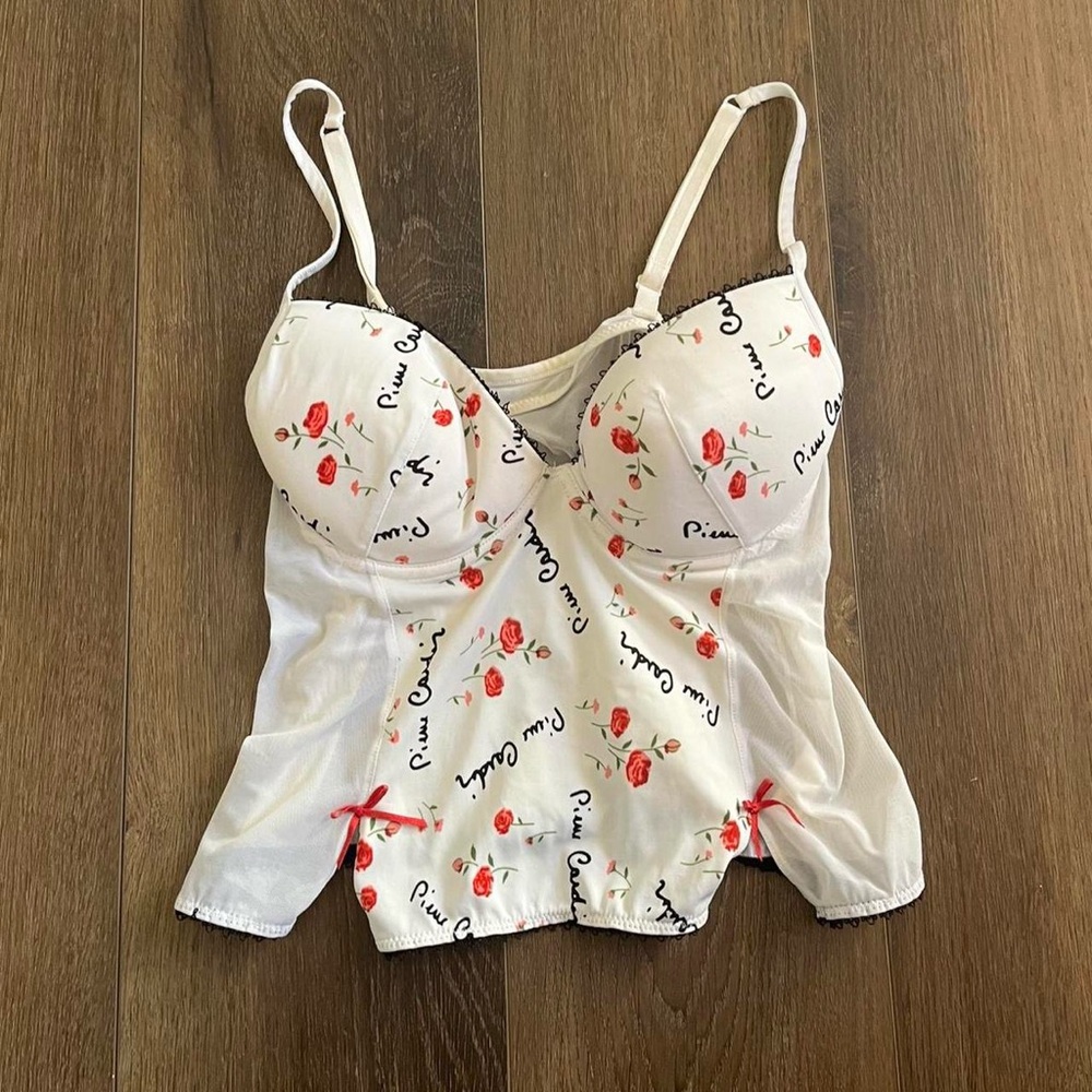 Vintage Pierre Cardin White Bra Mesh Top with Red Roses throughout